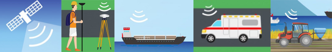 Illustration représentant un satellite, un homme utilisant du matériel d’arpentage, un navire, une ambulance et un tracteur. Chaque objet émet un signal.